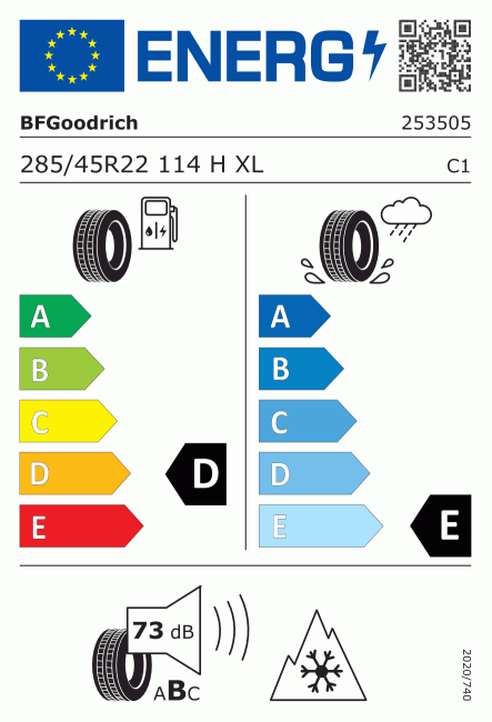 Etiqueta europea 1205455 BF Goodrich 285/45 R22