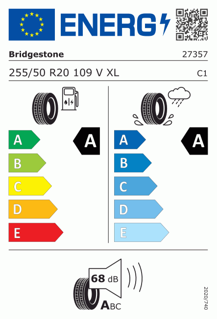 Etiqueta europea 1438153 Bridgestone 255/50 R20