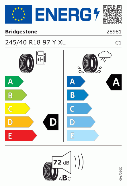 Etiqueta europea 2407189 Bridgestone 245/40 R18