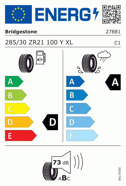 Etiqueta europea 789219 Bridgestone 285/30 R21
