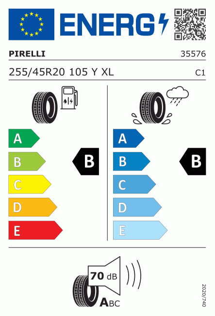 Etiqueta europea 596110 Pirelli 255/45 R20
